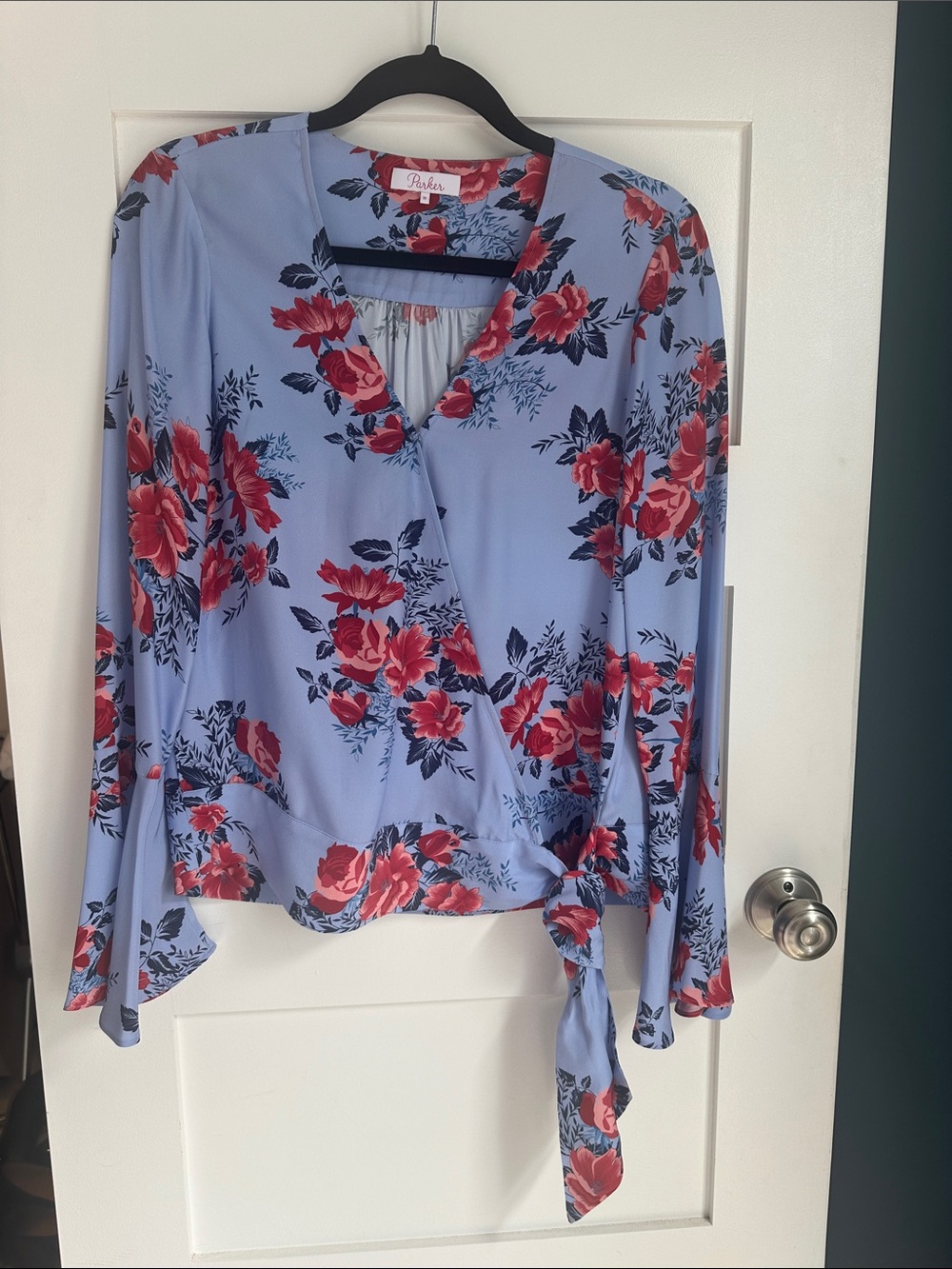 Parker Light Blue silk Wrap Blouse with Red Floral Print Medium NWOT